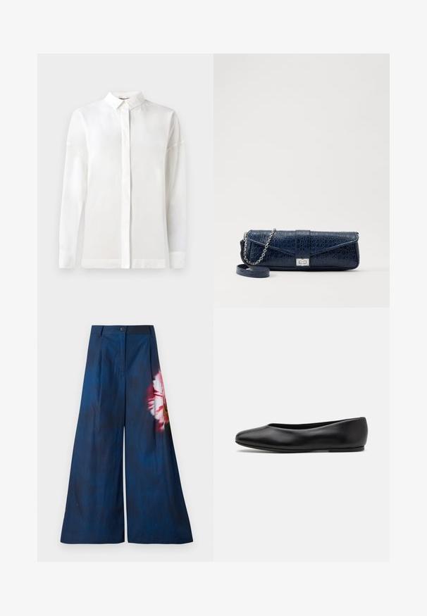 White long-sleeve shirt with a buttoned collar, smooth texture, straight cut, and hidden placket. Soft, lightweight fabric with no patterns.; Wide-leg trousers in dark navy fabric, featuring a floral print in pink and yellow on one side, with a button closure at the waist.; Paul Smith TOPANGA - Ballet pumps - black; Navy blue leather clutch with a crocodile texture, silver chain strap, and metallic clasp. Rectangular shape with foldover design.