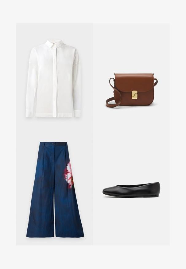 Valge pika varrukaga särk nupulisoe kraega, sileda tekstuuri, sirge lõike ja peidetud nööpide rida. Pehme, kerge kangas ilma mustriteta.; Laia püksid tumedast mereväe värvi kangast, millel on ühel küljel roosa ja kollane lillemuster, ning nööpkinnitus vööl.; Paul Smith TOPANGA - Baleriinad - black; Pruunist nahast käekott, millel on klapiga sulgur, kuldne riistvara, õlarihm ja sile tekstuur. Kompaktne ristkülikukujuline vorm.