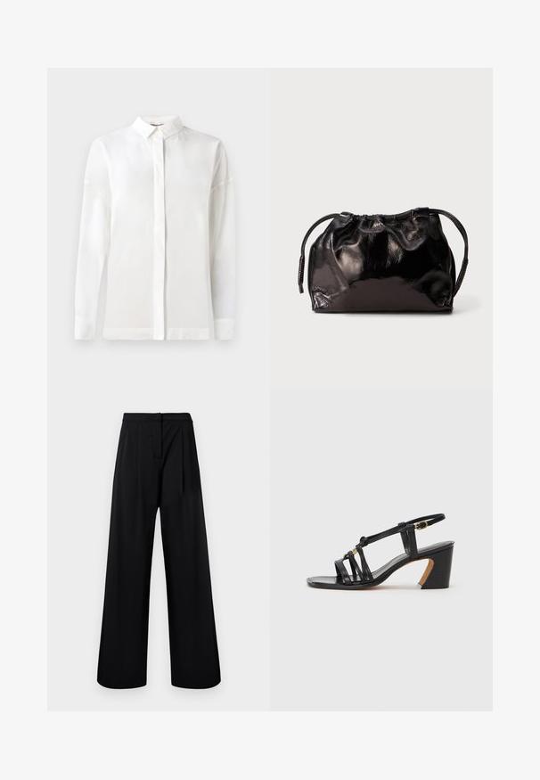 Balts garais piedurkņu krekls ar pogātu apkakli, gluda tekstūra, taisna piegriezuma un slēptu pogu aizdari. Mīksts, viegls audums bez rakstiem.; Melni, plaši bikses iz gludas auduma, ar augsto jostasvietu un krokām. Nav redzamu rotājumu vai rakstu.; Paul Smith AMIRA - Klasiski papēži - black; Maza melna spīdīga ādas maisiņš ar saites striķi un īsām rokturēm uz gaiši pelēka fona.