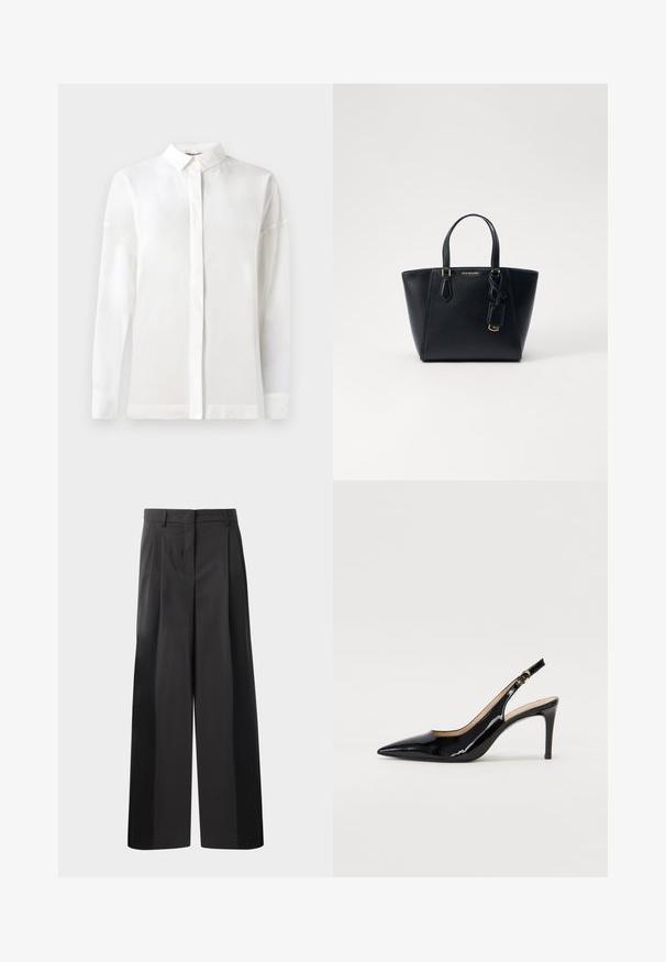 White long-sleeve shirt with a buttoned collar, smooth texture, straight cut, and hidden placket. Soft, lightweight fabric with no patterns.; Black wide-leg trousers with a high waist, featuring front pleats, a smooth texture, and a tailored finish. Designed for a relaxed fit.; Black patent leather slingback pump with pointed toe, slim heel, and a subtle cutout design. Features a gold buckle on the strap.; Black leather handbag with a structured shape, short dual handles, gold-tone hardware, and a side tag accessory. Smooth, textured finish.