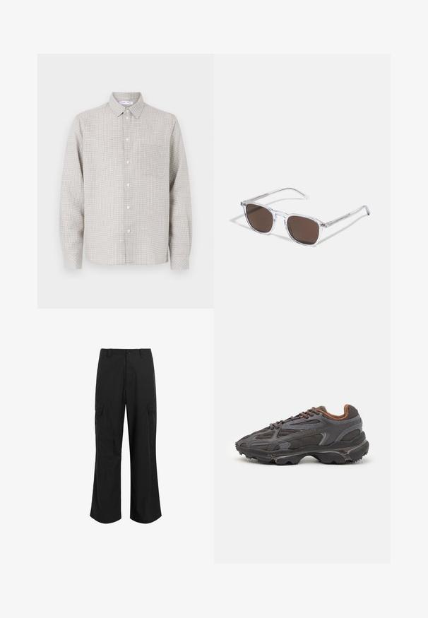 Ljusgrå långärmad skjorta med knappar och rutigt mönster, med en bröstficka och en vanligt krage. Tillverkad av vävt tyg.; Svarta cargo-byxor gjorda av lättviktsmaterial, med en avslappnad passform, två stora sidofickor och knäppning med knapp.; Lacoste-sneakers i mörkgrått med nät och syntetmaterial, med en strukturerad sula och bruna detaljer på kragen och varumärket.; Klart plastsolglasögon med rektangulära bruna linser, med tunna, genomskinliga bågar och metallaccenter på stängerna.