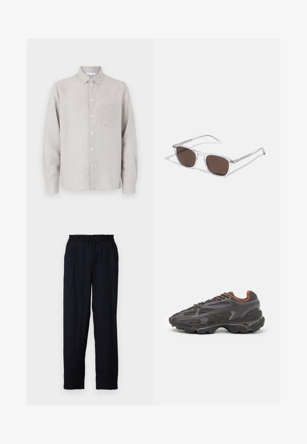 Camicia grigia chiaro a maniche lunghe con bottoni, caratterizzata da un motivo a quadretti, con una tasca sul petto e un colletto standard. Realizzata in tessuto a trama.; Libertine-Libertine ALIVE - Pantaloni - dark navy; Sneaker Lacoste grigie scure in materiale mesh e sintetico, con suola testurizzata e dettagli marroni sul colletto e sul branding.; Occhiali da sole trasparenti in plastica con lenti rettangolari marroni, dotati di sottili aste trasparenti e dettagli in metallo sulle tempie.