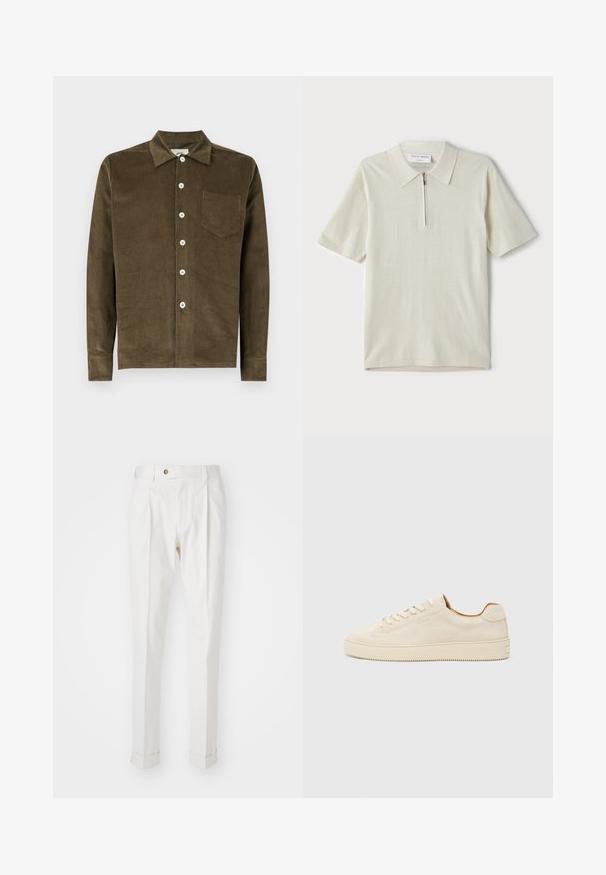 Oliven grønn kordfløyelskjorte med krage, hel knappestolpe, langermet og brystlomme. Teksturert stoff med vertikale riktninger.; Kortermet polo skjorte i lys beige med glidelås i kragen. Laget av glatt stoff, har et enkelt, moderne design uten mønstre.; Hvite, skreddersydde bukser med flat front, to legg, og oppbrett. Laget av et glatt stoff med knappelukking i livet.; Beige semsket sportssko med lav topp, rund tå, flate lisser og en teksturert gummisåle. Minimalistisk stil uten synlige logoer.