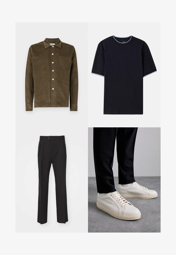 Olívazöld kordbársony ing, állógallérral, teljes gombolású elülső résszel, hosszú ujjal és mellzsebbel. Texturált anyag, függőleges bordákkal.; Sötétkék, rövid ujjú póló, lekerekített nyakkal, világoskék díszítéssel a gallérnál és az ujjaknál. Puha pamut anyagból készült.; Fekete, szabott nadrág, egyenes lábbal, két elülső zsebbel és duplagombos záródással a derékrészen. Sima szövet textúra.; Világos bézs bőr sportcipő lapos fűzőkkel, texturált felülettel és kontrasztos krémszínű gumitalppal, fekete irodai nadrággal párosítva.