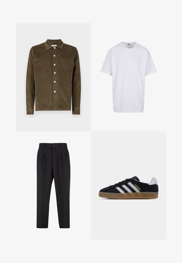 Alyvuogių žalios spalvos kordūrojo marškiniai su apykakle, pilnu sagstymu priekyje, ilgomis rankovėmis ir krūtine kišene. Tekstūruota medžiaga su vertikaliomis juostelėmis.; Balta medvilninė marškinėlių užsagėlė su trumpomis rankovėmis, apvaliu kaklu, laisva forma ir be matomų logotipų ar raštų. Lygi tekstūra ir minimalus dizainas.; Juodi kelnių su raukšlėtu priekiu dizainu, pagaminti iš lygaus audinio. Su mygtuko užsegimu ir diržo kilpomis; tiesios kojų formos.; Juodų suede sportbačių dizainas su baltais dryžiais, smėlio spalvos guminiu padu ir auksiniu "Gazelle" logotipu. Klasikinis žemas modelis su tekstūruotu viršumi.