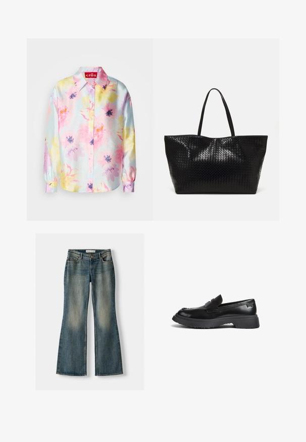 Blomstret bluse med en lys blå baggrund, der har pink, gule og lilla blomster, en krave og knaplukning. Skinnende stof med lange ærmer.; Blå flared jeans med en falmet vask, fem lommer og knaplukning. Materialet viser en denimtekstur med subtile syninger.; Sorte læder loafers med en tyk gummisål, penny-rem og rund tå, vist i sideprofil på hvid baggrund.; Sort vævet tote bag med to robuste håndtag, der har en blank overflade og et rummeligt åbent top design.