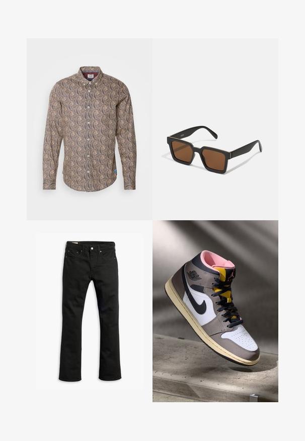 Camicia a maniche lunghe in tessuto marrone con un motivo vorticoso in crema e blu navy. Collo a punta con bottoni, abbottonatura frontale e maniche con polsini.; T-shirt bianco in cotone con maniche corte, scollatura rotonda e una consistenza liscia. Design semplice senza motivi o grafiche.; Jeans in denim nero con design a gamba dritta, cinque tasche, chiusura con bottone metallico e dettagli di cucitura sottili. Tessuto liscio e colore solido.; Sneaker Nike Air Jordan alta in bianco, grigio e nero con interno rosa e linguetta gialla, posizionata su una superficie di cemento.; Occhiali da sole neri a forma quadrata con lenti marroni, caratterizzati da una finitura opaca e dettagli dorati sulla montatura. Il design è angolare con aste larghe.; Borsa a tracolla nera in pelle con forma rettangolare, tasca frontale con zip, tracolla regolabile e logo in rilievo sul fronte.