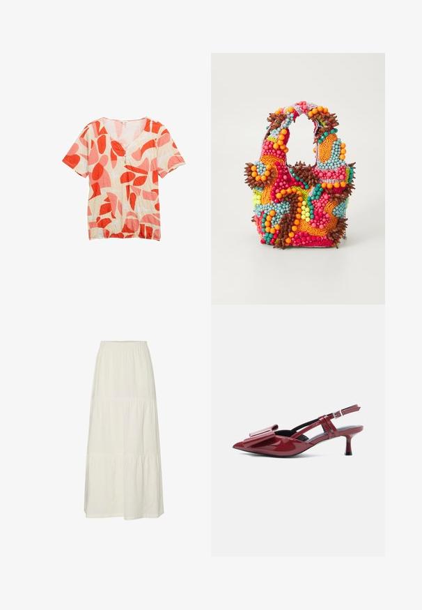 Beżowa bluzka z krótkim rękawem z abstrakcyjnymi czerwonymi i różowymi kształtami oraz trzema małymi guzikami przy dekolcie w kształcie łódki.; Biała, warstwowa maxi spódnica z lekkiego, teksturowanego materiału z elastycznym pasem. Posiada trzy wyraźnie oddzielone sekcje materiału.; Czerwone lakierowane skórzane sandały na niskim obcasie z szpiczastym noskiem i dużą kokardą na cholewce na białym tle.; Torebka z koralikami w żywych kolorach: różowym, pomarańczowym, niebieskim i brązowym. Teksturowana powierzchnia z okrągłymi koralikami i organicznymi kształtami, mocne uchwyty.