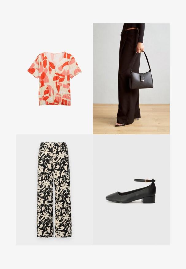 Beige Bluse mit kurzen Ärmeln, abstrakten roten und pinken Formen und drei kleinen Knöpfen am Rundhalsausschnitt.; Schwarzes Kurzarmoberteil aus glattem Material, mit einem Peplum-Design und einem taillierten Bund, der mit zwei runden, silberfarbenen Knöpfen ausgestattet ist.; Schwarze weit geschnittene Hose mit einem cremefarbenen Blumenmuster. Hergestellt aus leichtem Stoff, mit einer glatten Textur und einem hohen Bund.; Schwarze Lederpumps mit spitzem Zehenbereich und niedrigem Blockabsatz. Mit einem Knöchelriemen und einer goldfarbenen Schnalle. Glatte Textur.; Schwarze Handtasche mit strukturierter Form, glatter Textur und einem metallischen Verschluss. Kombiniert mit weiten schwarzen Hosen und offenen Sandalen auf einem Holzboden.