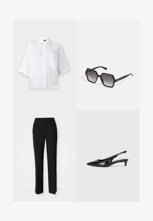 Hvit kortermet knapp-up skjorte med krage og en enkelt brystlomme. Stoffet virker lett med en litt teksturert overflate.; Sorte skreddersydde bukser med rett silhuett, med en glatt tekstur og klare pressede bretter foran. Ingen synlig maskinvare.; Sorte lærreim hæler med spiss tå, som har en slank hæl og en gullfarget detalj på den justerbare stroppen. Glatt tekstur.; Svart sekskantede solbriller med gradientlinser, med en blank finish og subtil merkevareføring på stangen. Slitesterk plastkonstruksjon.