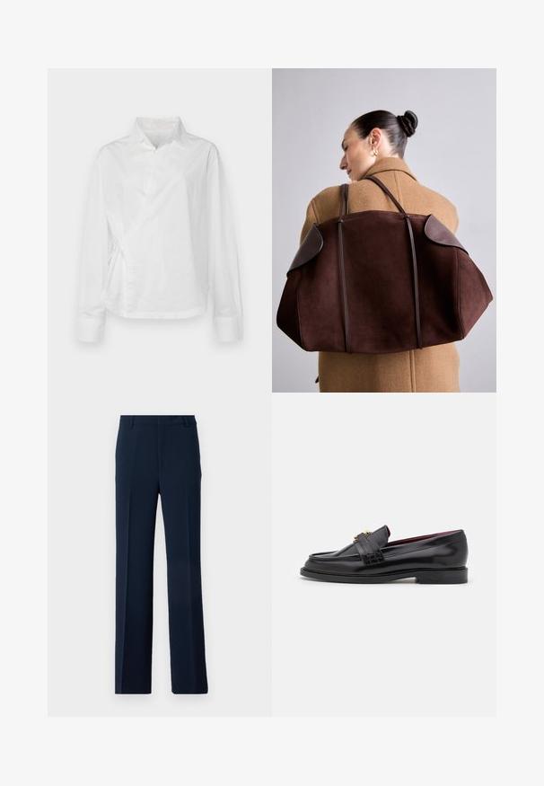 Faithfull the brand ALLISTE OVERSIZED FIT WRAP - Blúz - white; Sötétkék nadrág sima anyagból, egyenes lábszárral, elülső pliszékkel és oldalsó zsebekkel a szabott megjelenés érdekében.; Fekete bőr loaferek varrott mintával, sima textúrával, arany csattal és kerek orral, alacsony fekete talpon.; Barna velúr táska sötét bőr részletekkel, amely struktúrált formájú és dupla pánttal rendelkezik, a vállon tartva egy bézs kabát mellett.