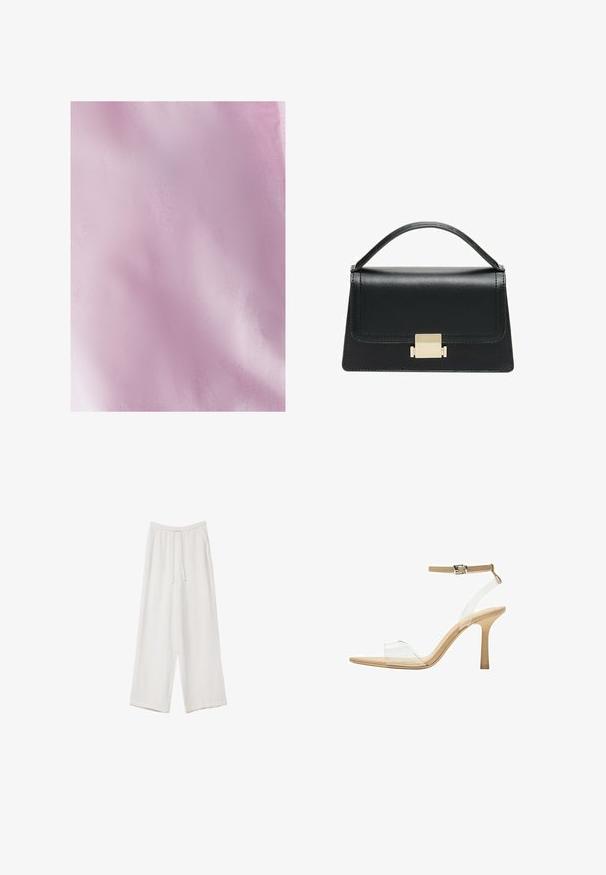Jasnoróżowy materiał o gładkiej, lekko teksturowanej powierzchni. Tkanina jest lekka i jednolita w kolorze, z subtelnymi odcieniami.; Białe spodnie o szerokich nogawkach wykonane z lekkiego materiału. Posiadają elastyczny pas z sznurkiem i boczne kieszenie. Gładka tekstura.; Przezroczysta sandał z obcasem, z przezroczystą cholewką, beżową wkładką i smukłym paskiem w okolicy kostki. Posiada spiczasty czubek i cienki wysoki obcas.; Czarna skórzana torebka o zorganizowanej konstrukcji, z górną rączką i złotym metalowym zapięciem z przodu. Gładka faktura, minimalne przeszycia.