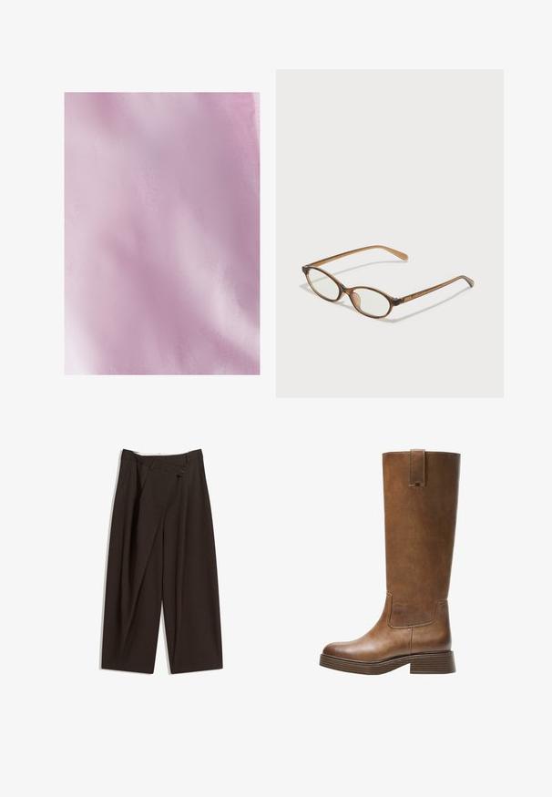 Lichtroze stof met een gladde, licht gestructureerde oppervlakte. Het materiaal is licht van gewicht en uniform van kleur, met subtiele schaduwtinten.; Donkere bruin wijde broek met een hoge taille, voorzien van een enkele knoopsluiting en een geplooide voorkant. Gemaakt van lichtgewicht stof.; Bruine leren laars tot de knie met een ronde neus, gestructureerd oppervlak en een lage, gestapelde hak. Beschikt over een zijpaneel en een aantrektap aan de bovenkant.; Bruine schildpadbril met ovale lenzen, dunne armen en transparante accenten. Heeft een subtiele logo op de tempel. Strak, lichtgewicht ontwerp.