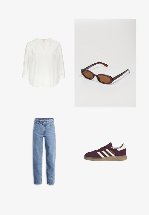 Weiße Bluse mit V-Ausschnitt, halblangen Puffärmeln und lockerer Passform. Glatte Textur, minimalistisches Design und dezente Raffung an den Schultern.; Helle blaue Jeans aus Denim, mit entspannter Passform, geradem Bein, Fünf-Taschen-Design und ausgefransten Säumen für einen lässigen Look.; Bordeauxfarbene Wildledersneaker mit weißen drei Streifen und beigen Akzenten. Verfügt über eine strukturierte Gummisohle und goldene Markenlogo auf der Seite.; Runde, braun getönte Sonnenbrillen mit einem glänzenden burgunderfarbenen Rahmen. Schlanke Bügel mit dezentem Branding. Flaches Linsendesign.; Braune, geflochtene Lederhandtasche mit einer lässigen, dreieckigen Form. Verfügt über einen geflochtenen Griff und einen Reißverschluss an der Oberseite.