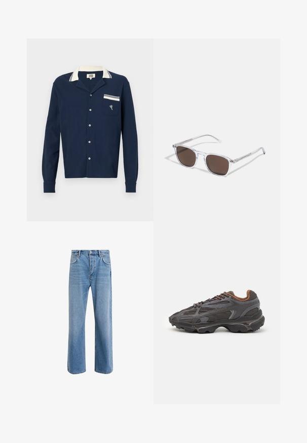 Tamsiai mėlyna marškiniai su tekstūruotu audiniu, balta apykakle ir kišene su širdies dizainu bei dryžuotu akcentu.; Šviesiai mėlyni džinsai su tiesiu kirpimu, penkios kišenės, mygtuko užsegimas, minimalus blukimas ir kontrastingi siuvimo detalės.; Lacoste sportbačiai tamsiai pilki, pagaminti iš tinklinės ir sintetinių medžiagų, su tekstūruotu padu ir rudomis detalėmis ant apykaklės bei prekės ženklo.; Skaidrūs plastikiniai saulės akiniai su stačiakampiais rudos spalvos lęšiais, pasižymintys plonais, skaidriais šonais ir metaliniais akcentais ant rėmo.