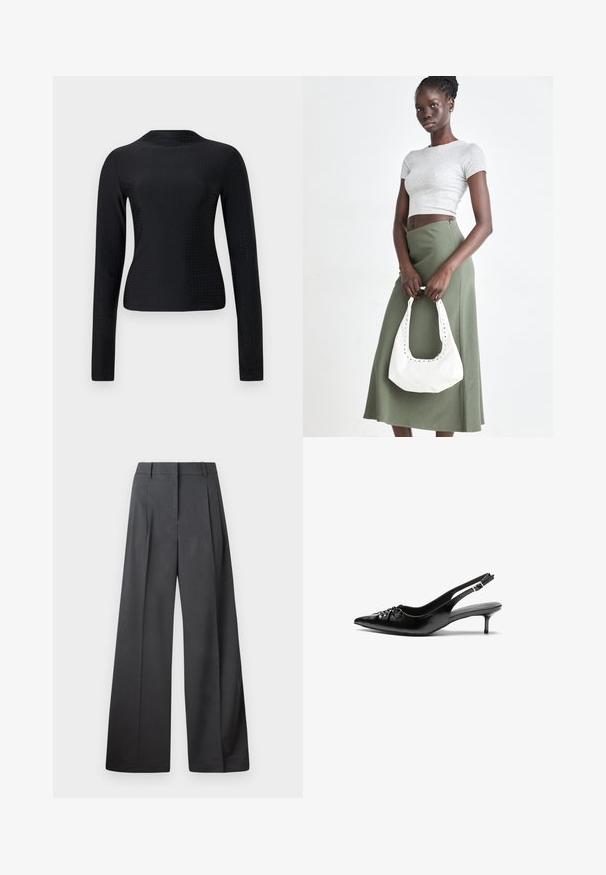 Čierny dlhý rukáv top vyrobený z hladkého textilu, ktorý má dierkovaný vzor po celej ploche a jednoduchý okrúhly výstrih.; Nohavice s širokými nohavicami z tmavošedej látky, s vysokým pásom, jedinými záhybmi a hladkou textúrou s čistým zakončením na lemoch.; Čierne kožené slingback podpätky s ostrou špičkou, malým podpatkom a dekoratívnym uzlom vpredu. Hladký povrch po celom obvode.; Sivý pruhovaný crop top a olivovo zelená sukňa s vysokým pásom. Model drží bielu ramennú tašku s vyrezávanými detailmi. Jednoduchý dizajn, priliehavý strih.