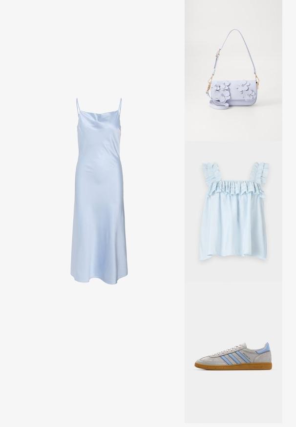 Lichtblauw mouwloos topje met gerimpelde schouderbanden en een gathered halslijn. Gemaakt van een lichte stof, met zachte texturen en een losse pasvorm.; Lichtblauw satijnen slipjurk met dunne bandjes, een gladde textuur en een licht uitlopende zoom. Eenvoudig ontwerp zonder zichtbare patronen of accenten.; Grijze suède sneaker met lichtblauwe strepen, rubberen gumzool en logo-accenten. Laag model met ronde neus en vetersluiting.; ALDO DAISYBOUQUET - Handtas - light purple