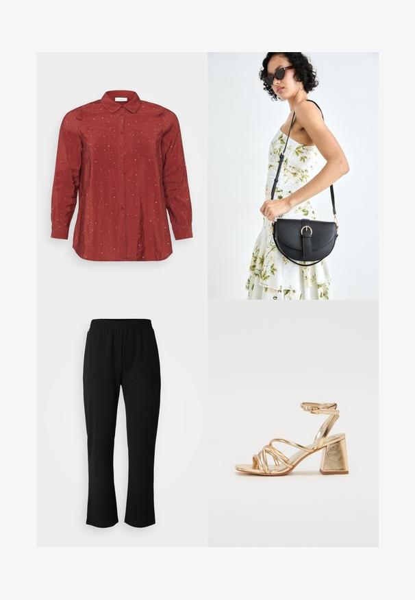 Red, long-sleeve shirt in a lightweight, smooth fabric featuring a button-down collar, two front pockets, and silver dot embellishments.; ONLY Carmakoma CARLAMA STRAIGHT - Trousers - black; Gold metallic heeled sandals featuring a strappy design, square block heel, and adjustable ankle strap with a buckle. Smooth texture.; Black leather handbag with a curved shape, detachable strap, and gold hardware. The bag features a flap with a buckle detail.