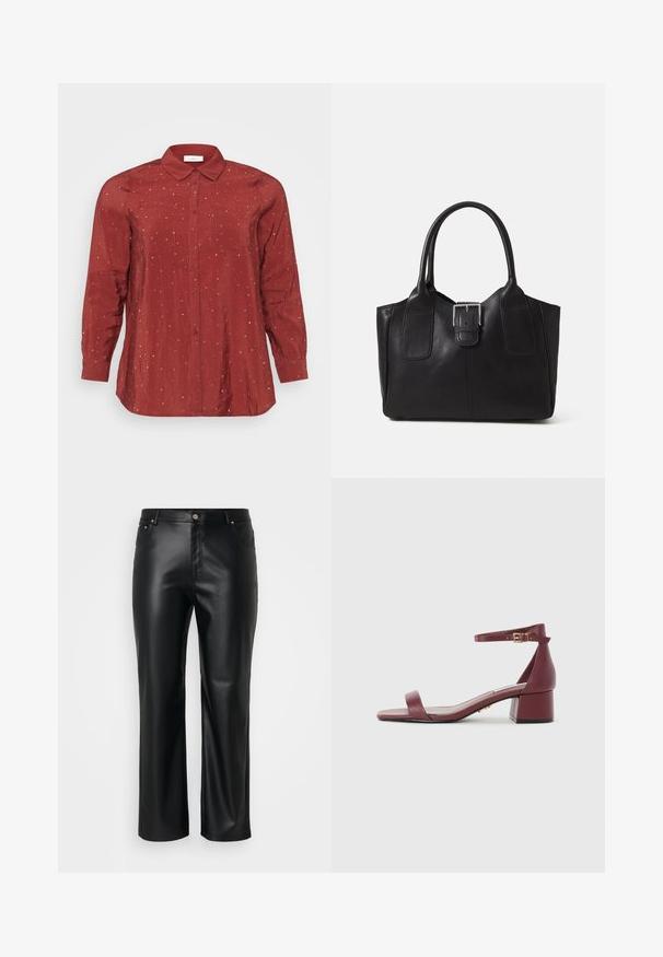 Red, long-sleeve shirt in a lightweight, smooth fabric featuring a button-down collar, two front pockets, and silver dot embellishments.; Black faux leather pants with a straight cut, featuring belt loops, front pockets, and a zip fly with a button closure. Smooth texture.; Burgundy leather sandal with a square toe, thin ankle strap, gold hardware, and a chunky block heel. Smooth texture and minimal design.; Black leather tote bag with smooth texture, structured shape, two handles, and a prominent silver buckle detail on the front.
