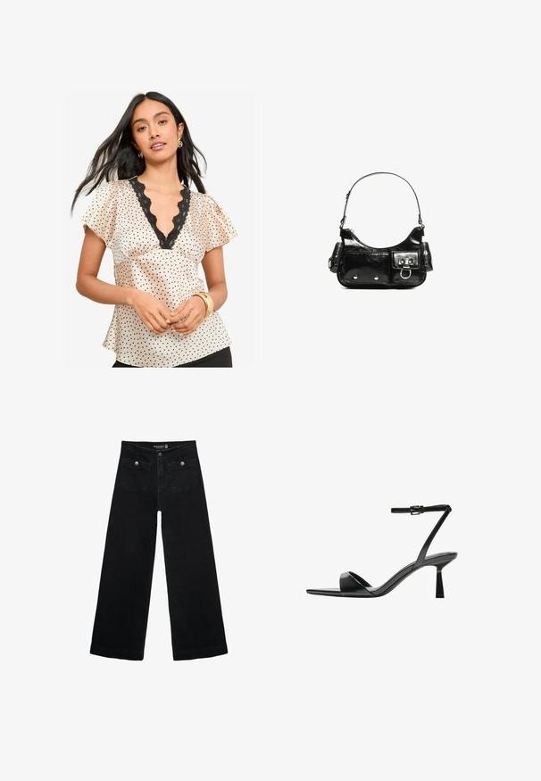 Blusa in satin a pois di colore crema con macchie nere. Caratterizzata da scollatura a V con bordo in pizzo e maniche volanti. Tessuto liscio.; Jeans neri a gamba larga con vita alta, dotati di due tasche frontali e dettagli in metallo sui bottoni. Il tessuto ha una texture liscia.; Bershka Sandali con tacco - black; Borsa a spalla in vernice nera con forma curvata, una tracolla, tasche frontali e dettagli in metallo argentato.