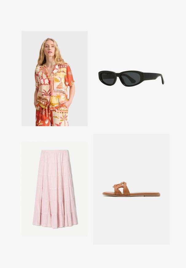 Koszula z krótkim rękawem, zapinana na guziki, z żywym, tropikalnym wzorem w kolorach pomarańczowym, różowym, żółtym i kremowym, o luźnym kroju i podwójnymi kieszeniami z przodu.; Jasnoróżowa, warstwowa spódnica maxi wykonana z teksturowanej, lekkiej tkaniny. Elastyczny pas i zwiewny dół z falbaniastymi akcentami.; Sandały slip-on z brązowej skóry, z krzyżującymi się paskami, płaską podeszwą i minimalistycznym designem. Gładka faktura bez widocznych wzorów lub elementów metalowych.; Czarne okulary przeciwsłoneczne o eleganckim, kanciastym kształcie. Wykonane z plastiku, z ciemnymi soczewkami i gładką, błyszczącą powierzchnią. Brak widocznych akcentów.