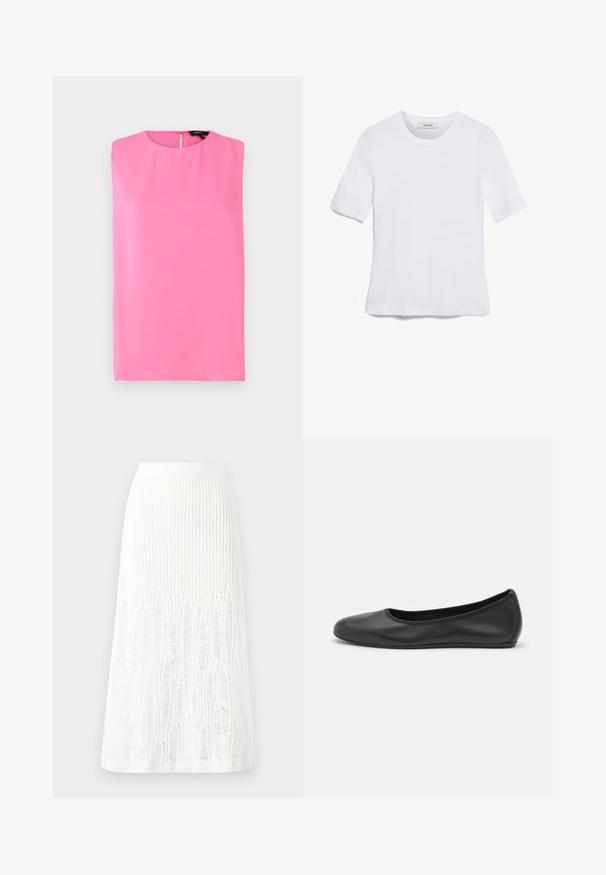 Theory STRAIGHT SHELL MODE - Débardeur - bright pink; T-shirt blanc à manches courtes en tissu côtelé. Col rond, coupe régulière et détails de couture subtils. Aucune motif ni graphique.; Jupe midi en tricot blanche présentant un motif texturé avec des lignes verticales et des découpes près de l'ourlet. Taille élastique. Matériau doux.; Ballerines en cuir noir avec un bout rond, texture lisse, détails de couture minimalistes et design de semelle flexible.