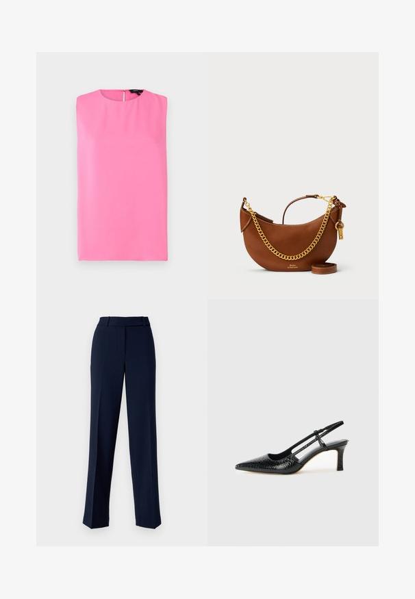 Theory STRAIGHT SHELL MODE - Top - bright pink; Pantaloni de ceremonie bleumarin, confecționați dintr-un material neted, cu un design cu picior drept, talie cu bucle pentru curea și detalii cu pliuri frontale.; Pantofi cu toc slingback negri din patent, cu vârf ascuțit, cu imprimeu de șarpe texturat, curea ajustabilă și toc scurt texturat.; Geantă de piele maro cu un design curbat, curea cu lanț auriu, buzunar interior și curea de umăr detașabilă. Dispune de cusături contrastante.