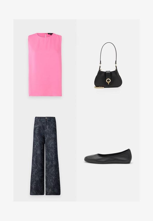 Theory STRAIGHT różowy; Ciemnoniebieskie spodnie typu wide-leg z haftowanym kwiecistym wzorem w jasnoniebieskim kolorze. Klasyczny pięciokieszeniowy fason z zapięciem na guzik z przodu.; Czarne skórzane baletki z zaokrąglonym noskiem, gładką fakturą, minimalnymi przeszyciami i elastycznym designem podeszwy.; sandro - Torebka; Srebrne kolczyki w kształcie kółek o gładkim, zakrzywionym kształcie i teksturowanej powierzchni, z sztyftem do zapięcia.