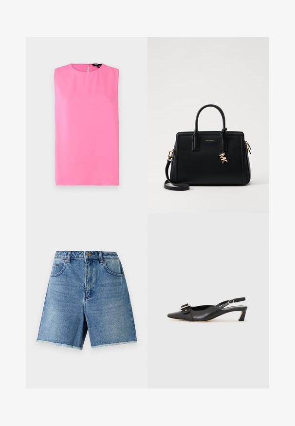 Theory STRAIGHT SHELL MODE - Tops - bright pink; Gaiši zili džinsu šorti ar augstu jostu, pogu aizdari, priekšējiem kabatām un noberztu apakšmalu brīvai piegrieztei.; Melnas ādas siksnu kurpes ar smailu pirkstu, nelielu papēdi un dekoratīvu sprādzi augšdaļā. Gluda tekstūra, minimālistisks dizains.; Melnas ādas rokas soma ar strukturētu dizainu, dubultiem augšējiem rokturiem, noņemamu plecu siksnu, zelta aparatūru un logo piekariņu akcentu.