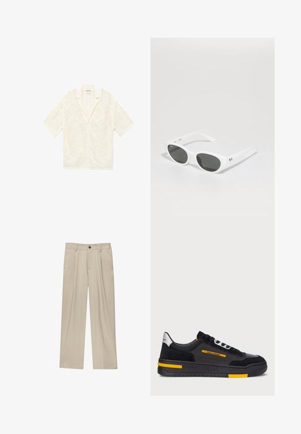Cardigan din tricot cu mânecă scurtă, de culoare ivory, având un model deschis asemănător dantelei și un guler cu tăietură. Se închide cu nasturi în față și are un design lejer.; Pantaloni bej cu croi drept, dotati cu un singur nasture negru, bucle pentru centură și buzunare laterale. Textură de țesătură netedă și design minimal.; Adidași negri cu un superior din suede și plasă, accente galbene și o talpă groasă neagră. Închidere cu șireturi și branding "POLO SPORT" pe lateral.; Ochelari de soare albi cu rame rotunde și lentile închise la culoare. Prezintă o textură plastică netedă și un logo mic pe bradă.