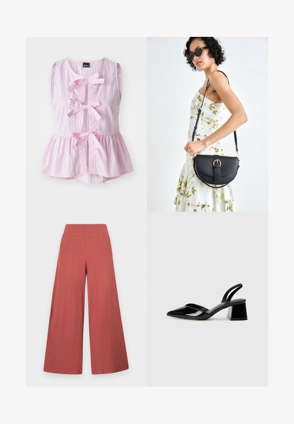 Rozā un baltu svītru bezpiedurkņu tops ar pepluma apakšdaļu, kuram ir trīs priekšu līkumi un noapaļots kakla izgriezums. Vieglas auduma.; Plaša gada bikses rūsas krāsā, izgatavotas no teksturēta auduma ar vertikālām ribām. Tās ir ar augstu, elastīgu jostasvietu.; Melna lakota āda ar atvērto papēdi, ar smailu purngalu un ģeometrisku blokpapēdi. Iezīmējas elegants, minimāls dizains un gluda tekstūra.; Melnas ādas rokassoma ar izliekta formu, noņemamu siksnu un zelta aksesuāriem. Somai ir vāciņš ar sprādzes detaļu.