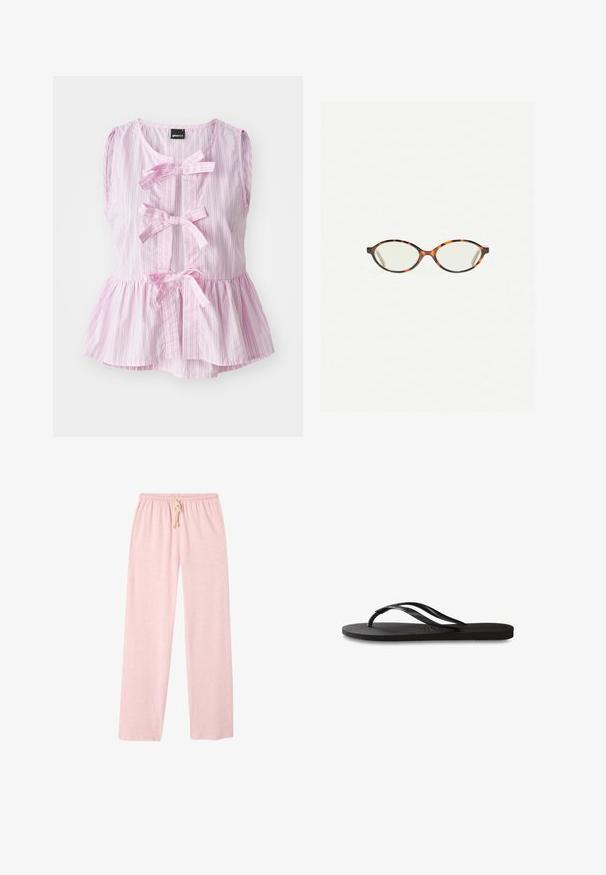 Top senza maniche a righe rosa e bianche con orlo a peplo, caratterizzato da tre fiocchi frontali e un colletto arrotondato. Tessuto leggero.; Pantaloni lounge rosa chiaro in cotone con una vestibilità comoda, cintura elastica e dettaglio con cordoncino. Texture liscia, design a lunghezza completa.; Infradito neri con suola in gomma testurizzata, due cinghie sottili e un sottile dettaglio del logo impresso sulla cinghia.; Occhiali in tartaruga con lenti ovali e una finitura liscia e elegante. Presentano aste sottili con una leggera curva alle tempie. Lenti trasparenti.