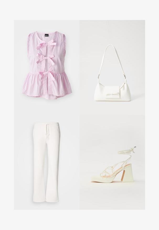 Rosa og hvitstripet ermeløs topp med peplumkant, med tre frontsløyfer og Rund hals. Lett stoff.; Hvite, avslappede joggebukser laget av myk stoff, med elastisk liv med snor og rett ben-design.; Hvit høyhælte sandal med kraftig hæl, med en stroppe-design og ankelbånd. Glatt tekstur med plattform foran for ekstra høyde.; Hvit syntetisk håndveske med trekantet form, flat klaff foran og sløyfe detaljer, justerbar stropp, glatt tekstur og minimalistisk design.