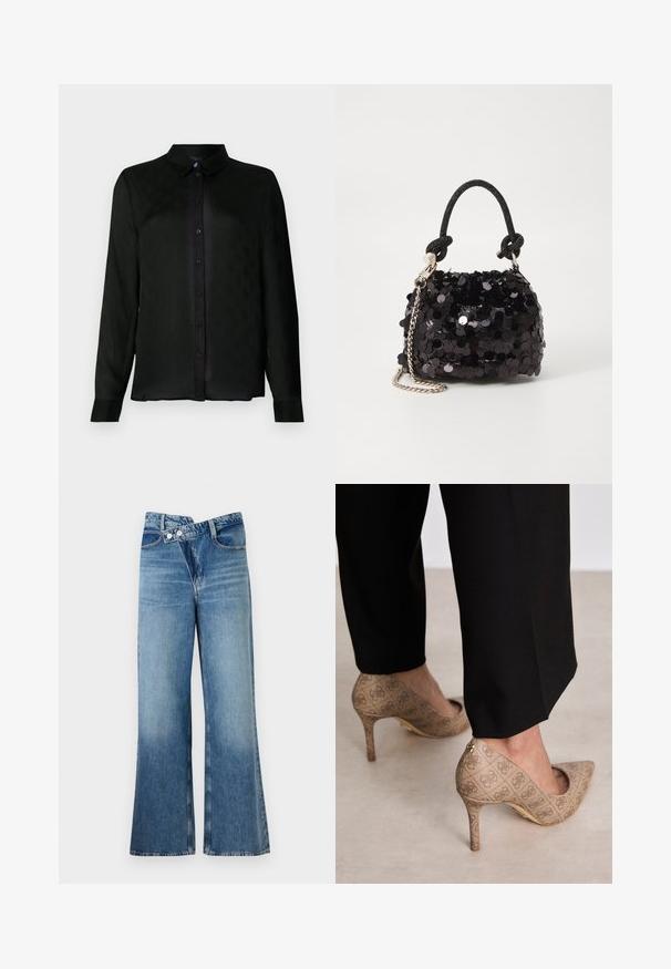Black long-sleeve button-up shirt with a collar, featuring a subtle textured pattern and black buttons along the front placket.; Light blue denim flared jeans with a high waist, featuring two buttons and front pockets. Fabric has a faded texture with subtle variations.; Beige high-heeled shoes with a textured fabric featuring a repeating pattern. Pointed toe design with a back accent and gold heel detail.; Black sequin mini handbag with a knotted textured strap and silver chain. Rounded shape with gathered top and reflective detailing.