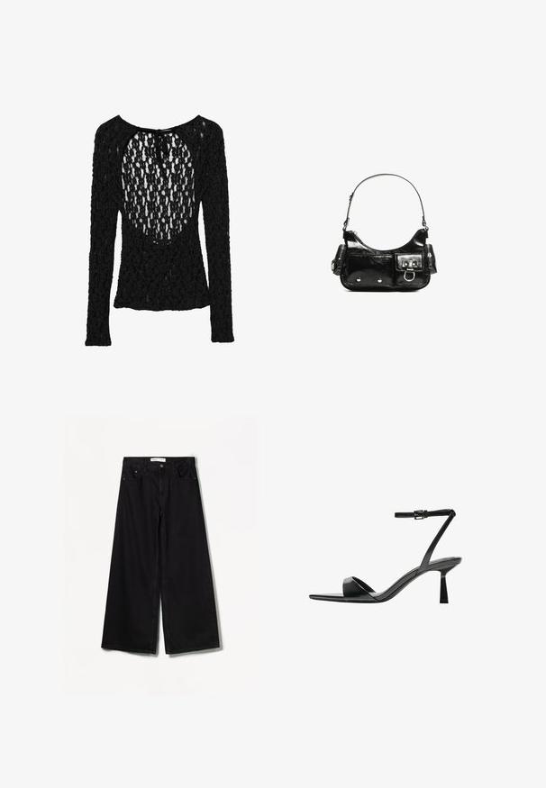 Schwarzes langärmliges Oberteil mit einem strukturierten, offenen Maschenmuster, das einen weiten Rundhalsausschnitt und eine Krawattenverschluss am Rücken aufweist.; Bershka WIDE-LEG - Wide Leg - black; Bershka High Heel Sandalette - black; Schwarze Lackleder-Handtasche mit geschwungenem Design, einem Schulterriemen, Vordertaschen und silberfarbenen Hardware-Akzenten.