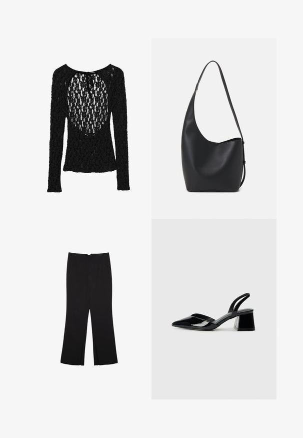 Schwarzes langärmliges Oberteil mit einem strukturierten, offenen Maschenmuster, das einen weiten Rundhalsausschnitt und eine Krawattenverschluss am Rücken aufweist.; Schwarze Hose mit geradem Schnitt, ausgestattet mit Fronttaschen und Seitenschlitzen am Saum. Hergestellt aus weichem, glattem Stoff. Geeignet für verschiedene Anlässe.; Schwarze Lackleder-Slingback-High Heels mit spitzem Schuh und einem geometrischen Blockabsatz. Verfügt über ein schlankes, minimalistisches Design und eine glatte Textur.; Schwarze Leder-Hobo-Tasche mit einer glatten Textur, geschwungener Form und einem einzelnen verstellbaren Tragegurt; verfügt über eine weite Öffnung am oberen Ende.