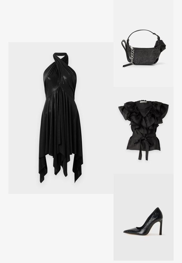 Ida Sjöstedt EYRA  - Pusero - black; Musta halterneck-mekko, jossa on drapeerattu muotoilu. Valmistettu kiiltävästä materiaalista, jossa on kierretty kaula-aukko ja epäsymmetrinen helma. Sujuva tekstuuri.; Musta kapea nilkkakorkokenkä krokotiilin nahkakuviolla, joka on varustettu tyylikkäällä muotoilulla, korkealla stiletto-korkealla ja sileällä mustalla sisäosalla.; Musta käsilaukku, jossa on teksturoitu muotoilu, koristeltu hopeisilla niiteillä ja tukeva hopeaketjuolkaimella. Omistaa tyylikkään, minimalistisen muodon.