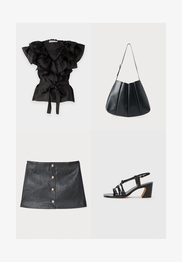 Ida Sjöstedt EYRA - Camicetta - black; Mini gonna in pelle nera con un design elegante, chiusura frontale con bottoni e dettagli dorati, e superficie testurizzata con una leggera lucentezza.; Paul Smith AMIRA - Decolleté - black; Borsa a spalla in pelle nera con design plissé, texture liscia, tracolla singola e un sottile accento in hardware dorato.