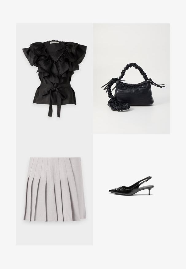 Ida Sjöstedt EYRA - Bluse - black; Grauer plissierter Rock mit glatter Textur, der mehrere vertikale Falten und eine taillierte Taille aufweist. Hergestellt aus leichtem Stoff.; Schwarze Leder-Slingback-Absätze mit einer spitzen Zehenform, kleinen Kitten-Absätzen und einem dekorativen Knoten-Detail auf der Vorderseite. Glatte Textur über die gesamte Fläche.; Schwarze Handtasche aus Kunstleder mit Krokodilstruktur, gerafftem oberen Teil und einem geschoppten Tragegurt. Sie wirkt weich und kompakt im Design.