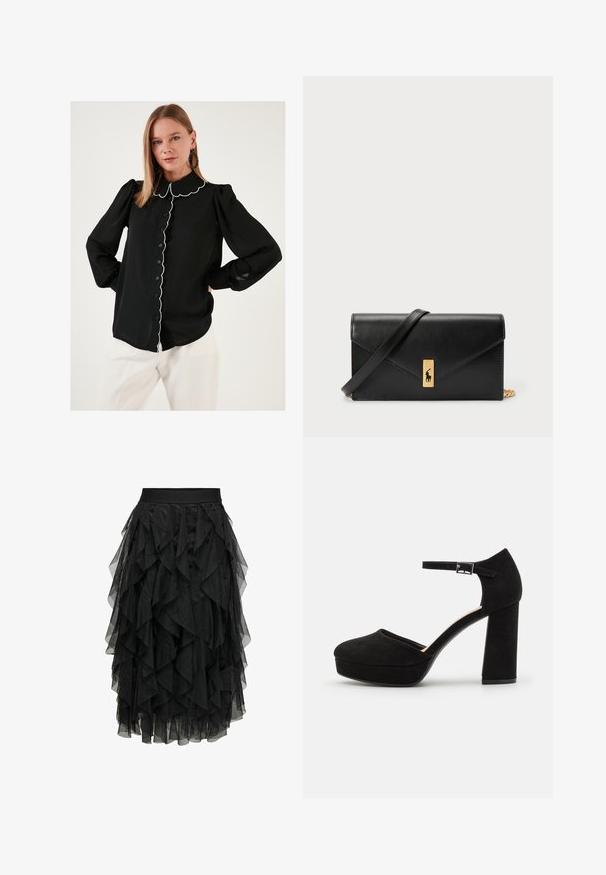 Black blouse with scalloped collar and white trim, button-down front, long puffed sleeves, and lightweight fabric. Worn with white trousers.; Black midi skirt made of layered tulle with a ruffled design. Features an elastic waistband. Transparent fabric adds texture and movement.; Black suede platform heels with a thick block heel, rounded toe, and ankle strap secured by a metal buckle. Smooth texture throughout.; Black leather wallet with a fold-over flap, gold hardware, featuring a logo accent. Includes a detachable strap for carrying.