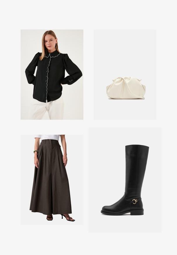 Musta pusero, jossa on aallotettu kaulus ja valkoinen reuna, napitettava etuosa, pitkät puffihihat ja kevyt kangas. Yhdistetty valkoisiin housuihin.; Ruskea, poimutettu pitkä hame, valmistettu kevyestä kankaasta; siinä on korkea vyötärö ja sivusaumathanat; yhdistetty mustiin korkokenkiin.; Anna Field Wide Fit Saappaat - black; Kermapunah, tas faux leather lembut dengan desain berkerut, tali yang dapat disesuaikan, dan penutupan tali yang halus. Tekstur mulus dan bentuk bulat.