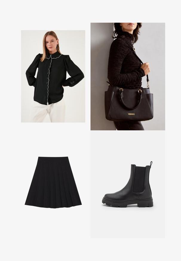 Black blouse with scalloped collar and white trim, button-down front, long puffed sleeves, and lightweight fabric. Worn with white trousers.; Black pleated skirt made of textured fabric with a fitted waistband. Falls to knee length, featuring a smooth, clean silhouette.; Black leather ankle boot with elastic side panels, rounded toe, and textured rubber sole. Features a loop at the back for easy wear.; Black handbag with textured surface, dual top handles, and adjustable shoulder strap. Features gold-tone hardware and side pockets.