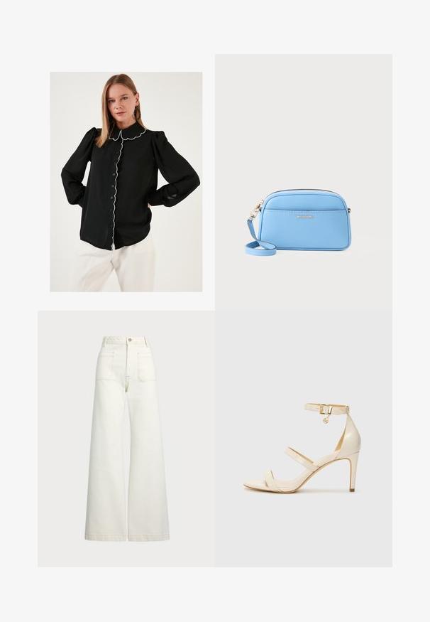 Černá blůza s vlnitým límcem a bílým lemem, zapínání na knoflíky vpředu, dlouhé nařasené rukávy a lehká látka. Nosit s bílými kalhotami.; Džíny s širokými nohavicemi v off-white denim. Vysoký pas s knoflíkovým zapínáním, dvě přední kapsy a detaily kontrastního šití.; Béžové sandály na vysokém podpatku s tenkým páskem přes kotník a dvěma horními pásky. Lesklý lakový povrch a zlaté detaily na pásku kolem kotníku.; Svetle modrá kožená crossbody taška se zlatými kovovými doplňky, zipovým uzávěrem a přední kapsou. Obsahuje nastavitelné ramenní popruh pro pohodlí.