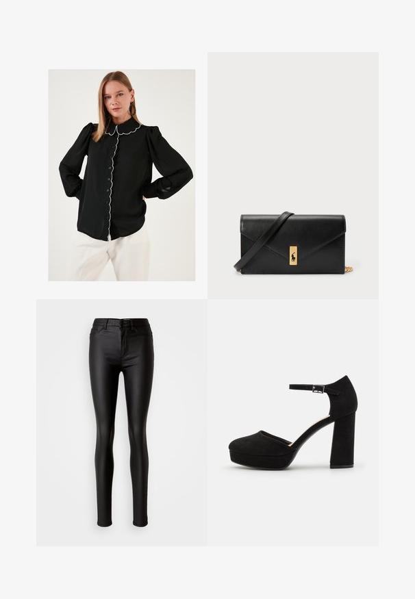 Melna blūze ar viļņotu apkakli un baltu apmalīti, pogājama priekšpuse, garas pūkainas piedurknes un viegla auduma. Valkāta kopā ar baltām biksēm.; Melnas mākslīgās ādas šaurās bikses ar gludu tekstūru, augstu jostasvietu, pogu aizdari un tradicionālo piecu kabatu dizainu.; Melna zamšāda platforma ar biezu bloku papēdi, noapaļotu purngalu un potītes siksniņu, kas nostiprināta ar metāla sprādzi. Gluda virsma visā apjomā.; Melnas ādas maku ar pārklājošu flapu, zelta detaļām, ar logotipa akcentu. Ietver noņemamu siksniņu pārvadāšanai.