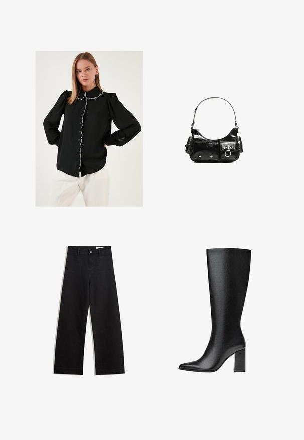 Črna bluzica z valovitim ovratnikom in belim robom, z gumbi spredaj, dolgimi napihnjenimi rokavi in lahkotnim materialom. Nosi se z belimi hlačami.; Črne široke denim hlače z visokim pasom, ki imajo sprednje in zadnje žepe, šivane šive ter gumbasto zapiranje. Gladka tekstura.; Črne škornje do kolen iz umetnega usnja s koničastim nosom, gladko teksturo in debelim blok peto. Minimalistična zasnova brez vidnih dodatkov.; Črna lakasta usnjena torbica s ukrivljeno obliko, enim ramenskim trakom, sprednjimi žepi in srebrnimi kovinskimi dodatki.