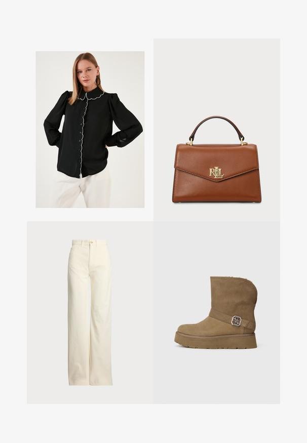 Juoda bliuska su banginiu apykakle ir baltais apdailos kraštais, mygtukų užsegimas priekyje, ilgos pūstiniai rankovės ir lengvas audinys. Nešiojama su baltais kelniais.; Polo Ralph Lauren COTTON CORDUROY WIDE-LEG PANT - Kelnės - warm white; Rudi odos natūralios odos aulinukai su apvaliu nosiu, minkštu pamušalu ir dekoratyvine metaline sagtimi ant kulkšnies. Yra storas platformos padas.; Ruda oda rankinė su struktūrizuotu dizainu, viršutine rankena, auksiniais akcentais ir logotipo elementu priekyje. Lygus paviršius.