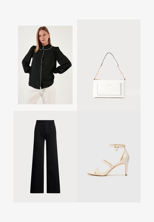 Čierna blúzka s riaseným golierom a bielym lemovaním, so zapínaním na gombíky, dlhými vyp puffovými rukávmi a ľahkým materiálom. Nosená s bielymi nohavicami.; Čierne široké nohavice vyrobené z tkaniny, so vysokým pásom, predným zapínaním na gombík a bočnými vreckami. Hladká textura s čistými líniami.; Béžové sandále na vysokom podpätku s tenkým remienkom okolo členka a dvoma hornými remienkami. Lesklý lakovaný povrch a zlaté kovové detaily na remienku okolo členka.; Biele kožené kabelka s textúrovaným povrchom, ktorá má zlatý retiazkový popruh a čierne akcenty. Obsahuje prednú kapsu a zipsové zapínanie.