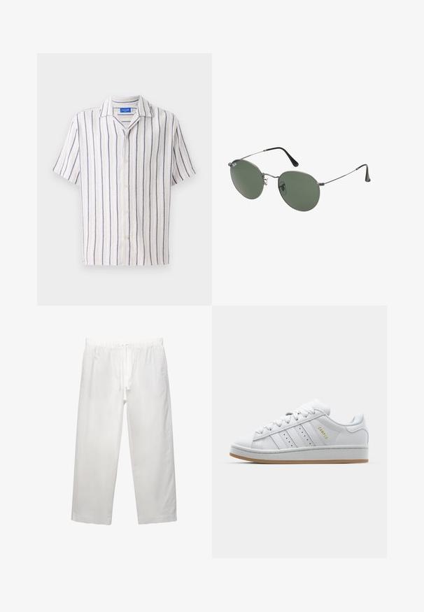 Košulja kratkih rukava s ovratnikom u krem boji s tamnoplavim okomitim prugama. Izrađena od teksturiranog materijala, ima zatvaranje na gumbe sprijeda.; Bijela pamučna majica kratkih rukava, s okruglim izrezom i opuštenim krojem. Glatka tekstura bez vidljivih uzoraka ili ukrasa.; Bijele lanene hlače s elastičnim pojasom sa vezicom, širokog kroja i čistim šavovima. Glatka tekstura s opuštenim fitom.; Bijele tenisice s perforiranim dizajnom u tri pruge, teksturiranim detaljima, gumeni potplat i zlatni "CAMPUS" logo na strani.; Naočale s metalnim okvirom i ovalnim zelenim staklima. Tanka srebrna metalna konstrukcija i crni silikonski jastučići za uši. Minimalistički dizajn, bez vidljivih logotipa.