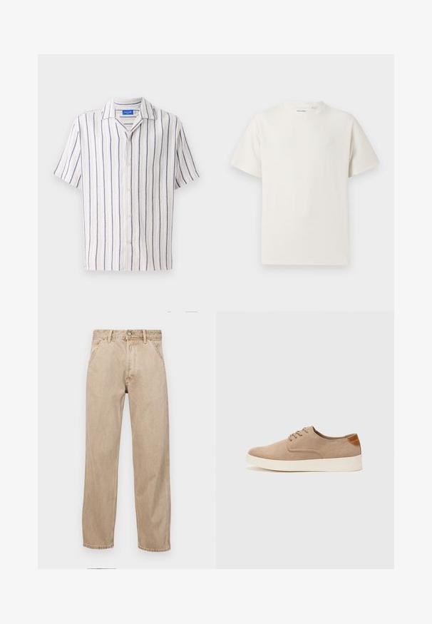 Short-sleeve collared shirt in cream with navy vertical stripes. Made of textured fabric, featuring a front button closure.; White short-sleeve T-shirt in a ribbed texture. Round neckline, relaxed fit, no visible patterns or accents. Simple and versatile design.; Beige denim jeans with a straight leg design, featuring front pockets, a metal button closure, and subtle texture.; Beige suede sneakers with a rounded toe, lace-up front, and a textured back accent. White rubber sole provides contrast. Simple and modern design.