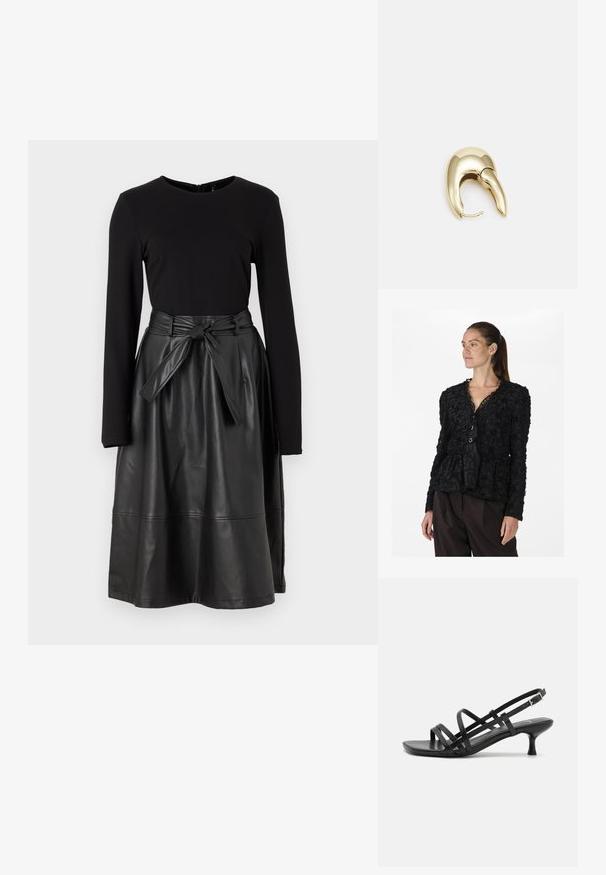 YAS YASFLERA - Pluus - black; Must have pikka mustade pikade varrukatega top ja must faux nahast seelik, millel on sidumisvöö ja sile, läikiv tekstuur.; Mustad musta kandaga sandaalid, millel on mitmed risti minevad rihmad. Sile materjal, terav nina ja kitsas konts. Reguleeritav pahkluuri rihm klambriga.; Hõbedane metallikoti kott pehme, ümar kuju ja sõlme ülemise sulgemisega. Valmistatud siledast kunstnahast materjalist.; Kuldtooni metallist kõrvarõngas, millel on elegantne ja kaarjas disain. Omab silmapaistvat teravat kuju, poleeritud pinda ja hingesulgemist.